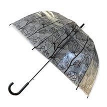 Női automata hosszú esernyő, fekete fém váz, VIRÁGOS, ÁTTETSZŐ, átmérő: 103 cm, összecsukva 88 cm, súlya: 352 g. Garancia: 12 hónap 