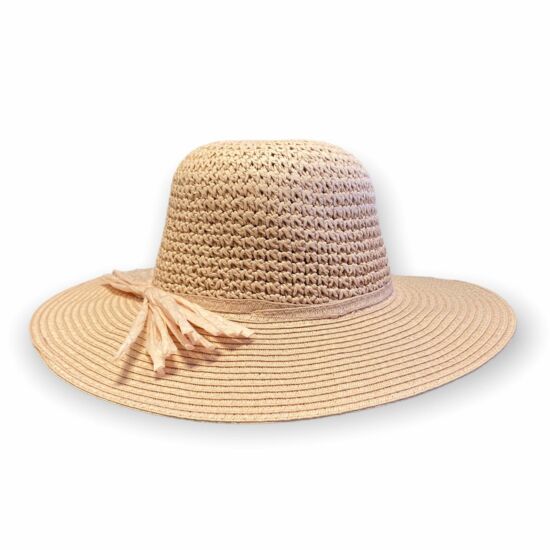 Női horgolt szalma kalap, 17022, púderrózsa színben