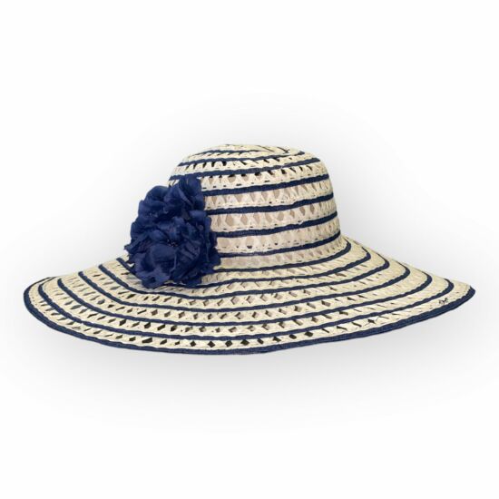 Női szalma kalap, extra széles karima, 22006, fehér/sötétkék színben