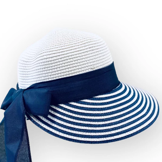 Női szalma sildes sapka, 5675, fehér/sötétkék színben