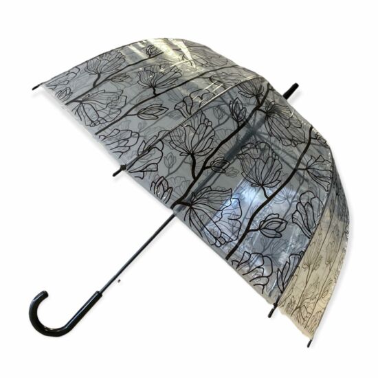 Női automata hosszú esernyő, fekete fém váz, VIRÁGOS, ÁTTETSZŐ, átmérő: 103 cm, összecsukva 88 cm, súlya: 352 g. Garancia: 12 hónap 